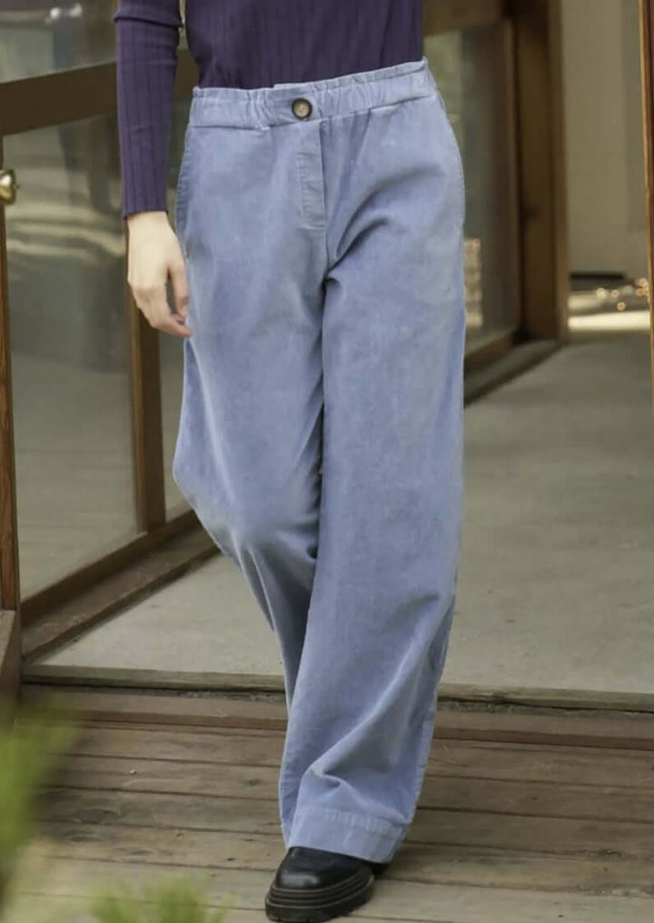 LA Relaxed Denim Blue Velvet Pants Proudly &amp; Responsibly Made in USA.  Relaxed Fit 100% Organic Cotton Tailored Pants.  Women&
