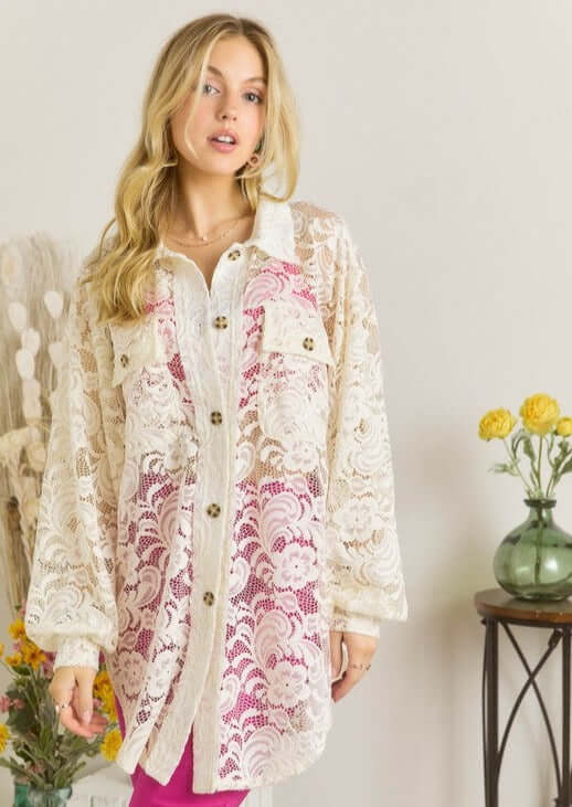 Ladies Oversized Off White Button Down Long Length Floral Lace Tunic Shirt | Made in USA | Classy Cozy Cool Women&